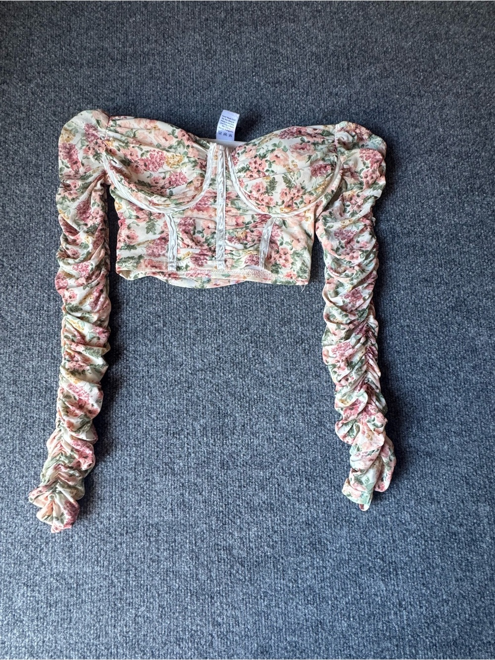 Windsor Floral Ruched Long Sleeve Crop Top - Pink & Green